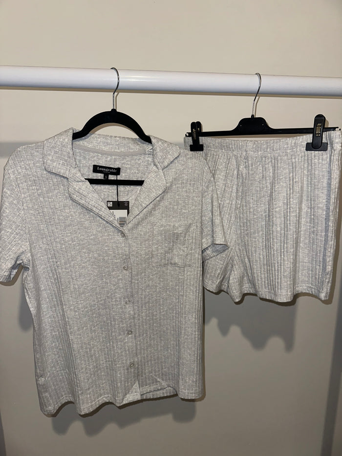 Grey Luxury Brushed Ribbed Short Sleeve and Short Set