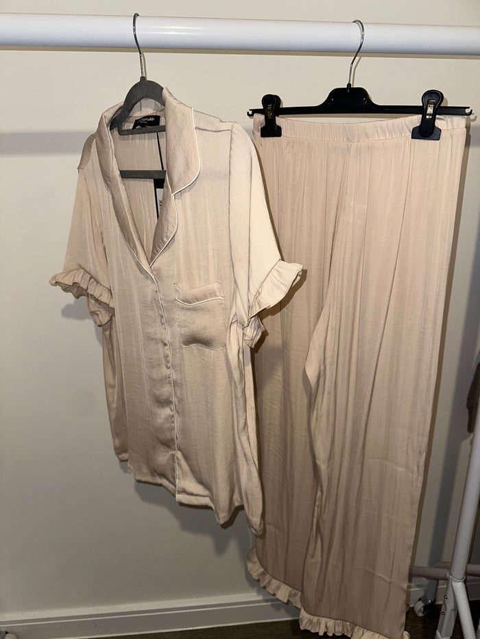 Taupe Ruffle Short Sleeve Trouser Set